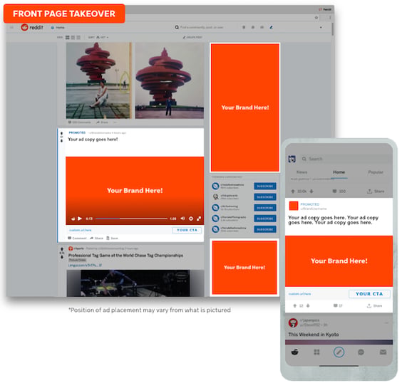 A mockup of Reddit takeover ads